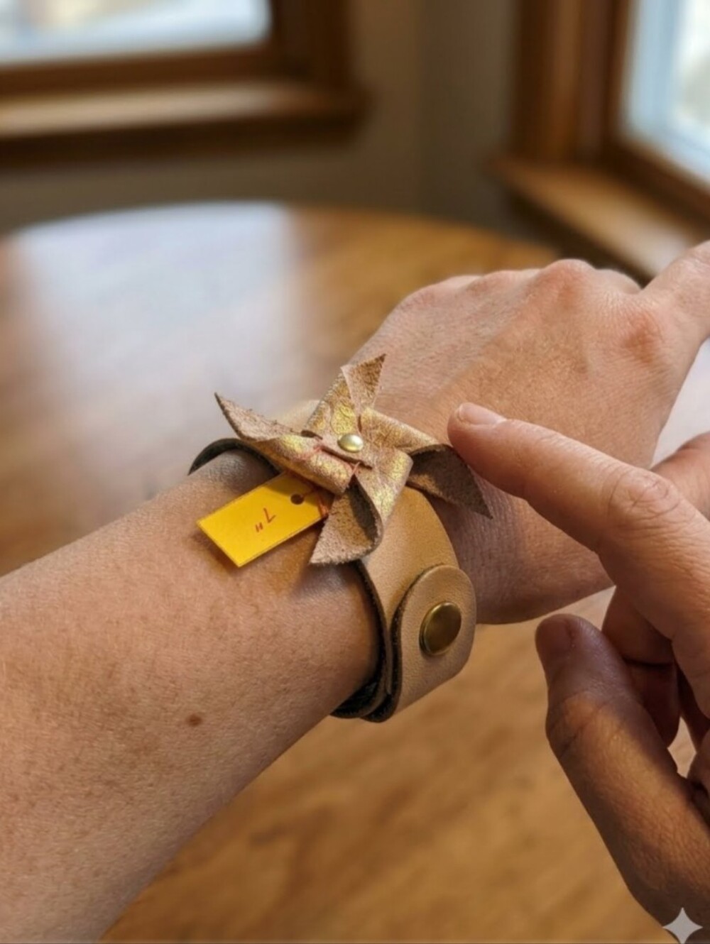 Handmade Genuine Leather Pinwheel Snap Bracelet in Tan and Gold